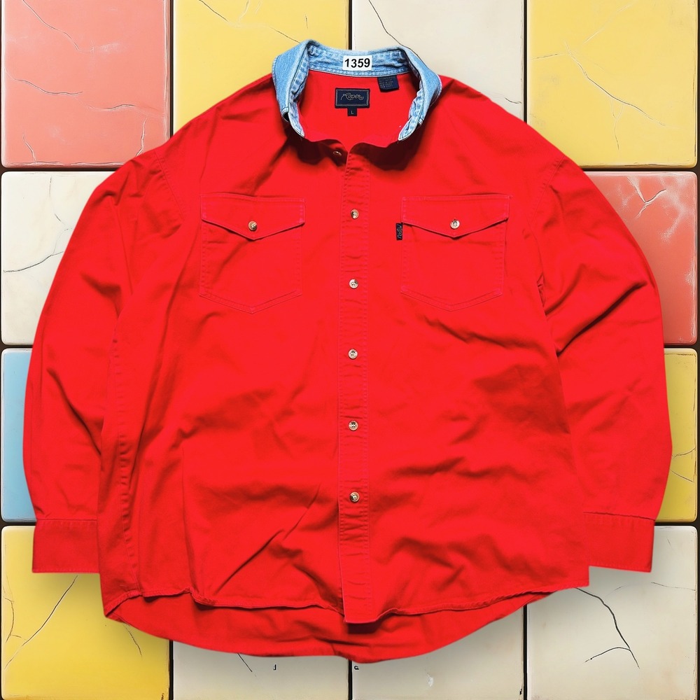 Vintage Roper Western Button Down Shirt 90S Men L Red Cowboy Rodeo Denim Collar